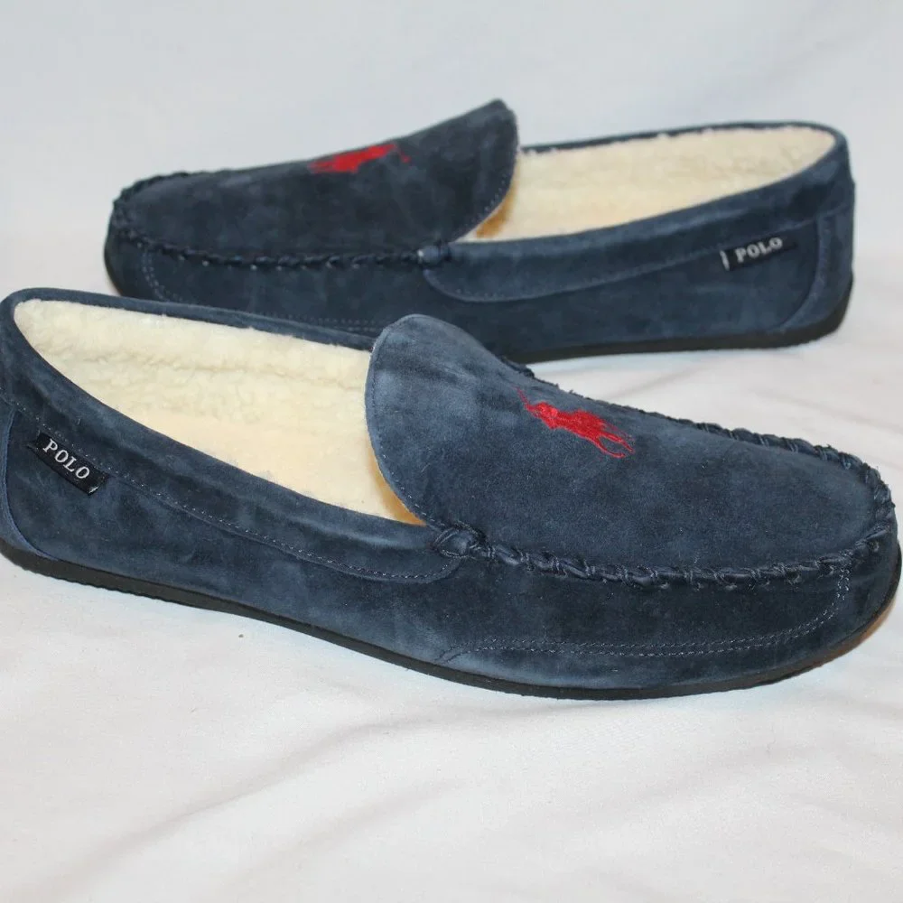 NIB POLO RALPH LAUREN MEN'S SUEDE COMFORT‎ SLIPPERS NAVY BLUE RED